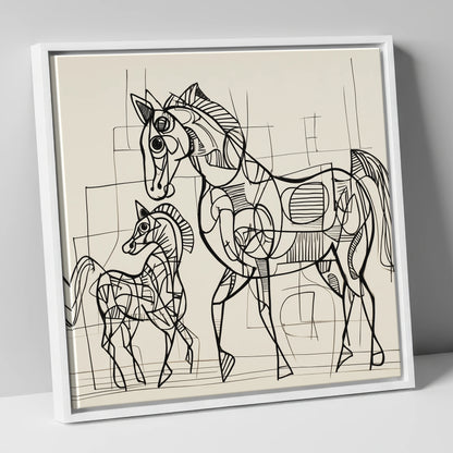 Linear Connection mare & foal canvas wall art in white frame