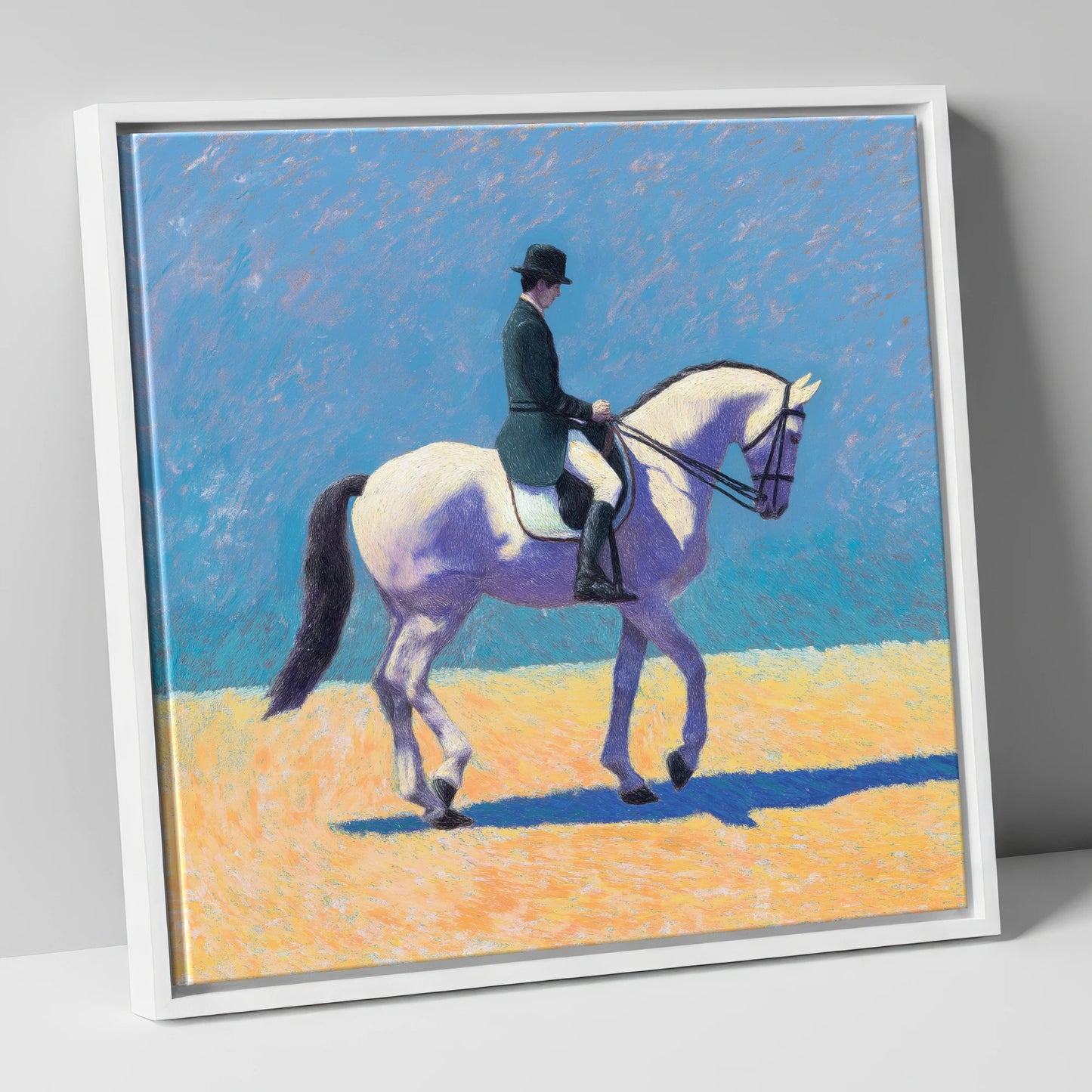 Lavender Shadows Dressage dressage horse canvas wall art in white frame