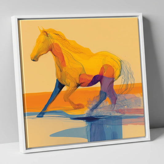 Vibrant Coastal Canter beach horse canvas wall art in white frame
