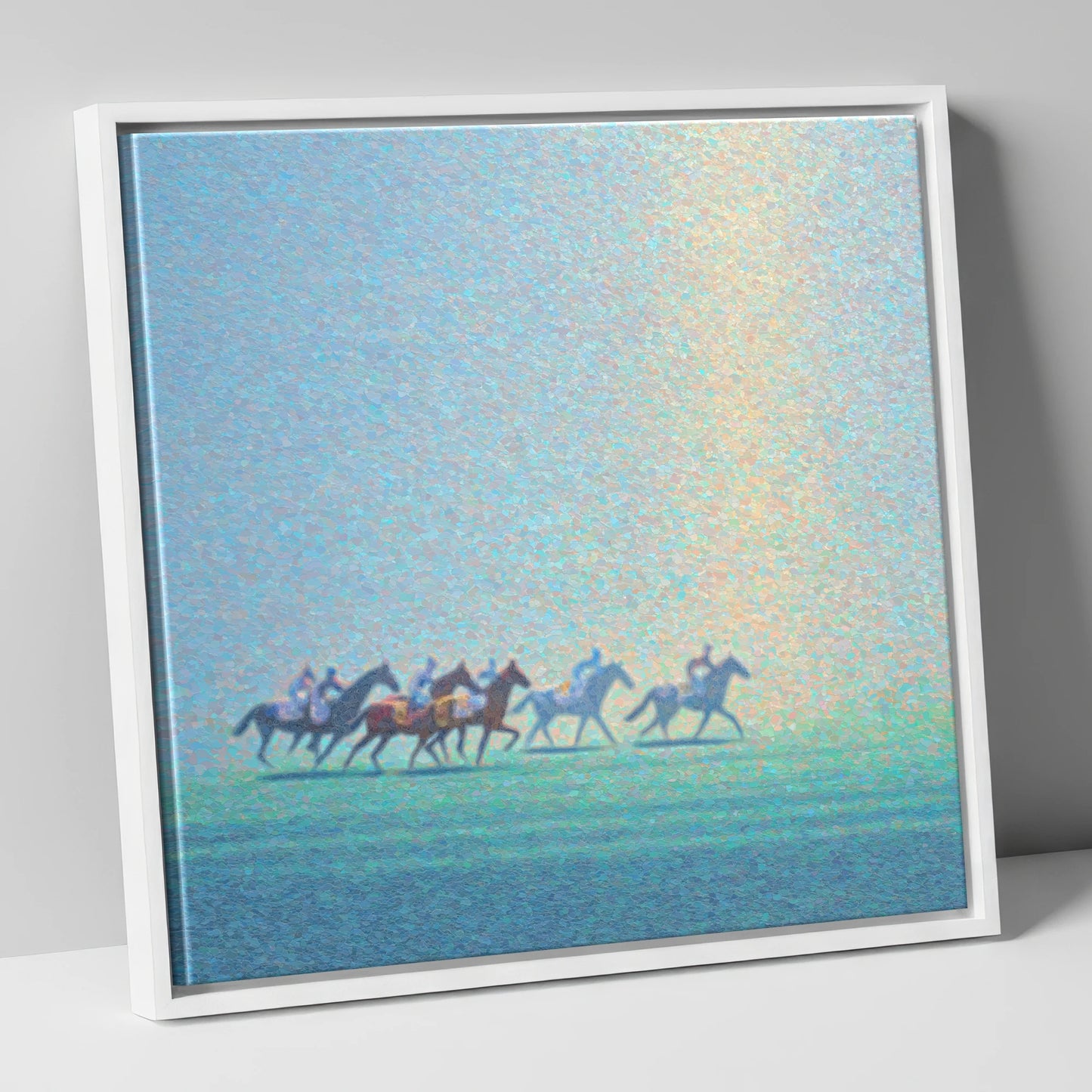 Ethereal Morning Gallop racing horse canvas wall art in white frame
