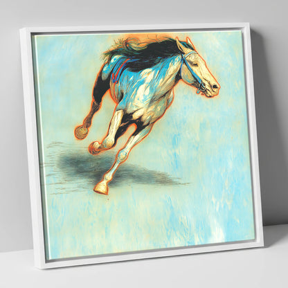 Cerulean Sprint racing horse canvas wall art in white frame