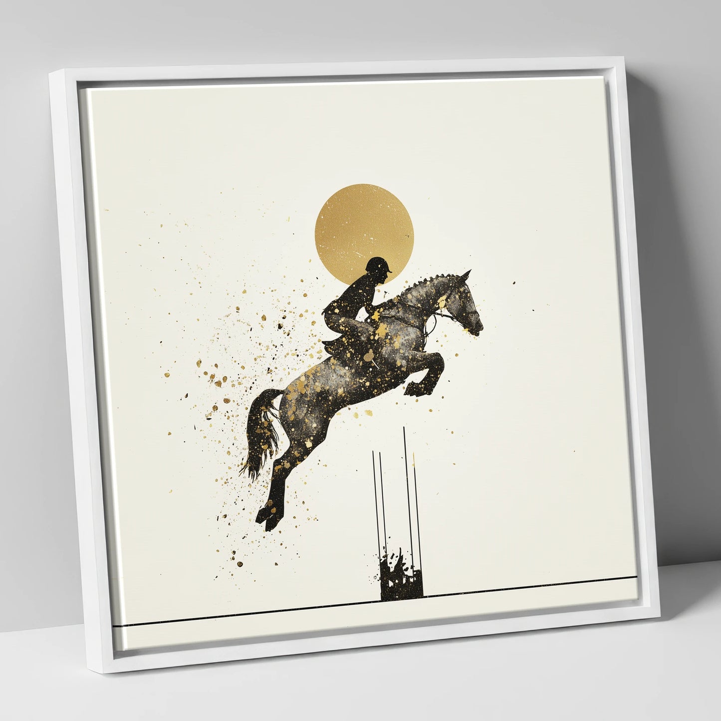 Golden Arc Showjumper show jumping horse canvas wall art in white frame