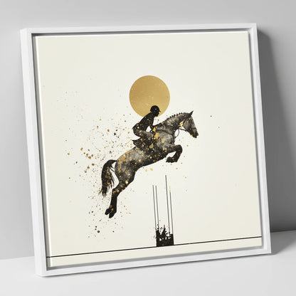 Golden Arc Showjumper show jumping horse canvas wall art in white frame