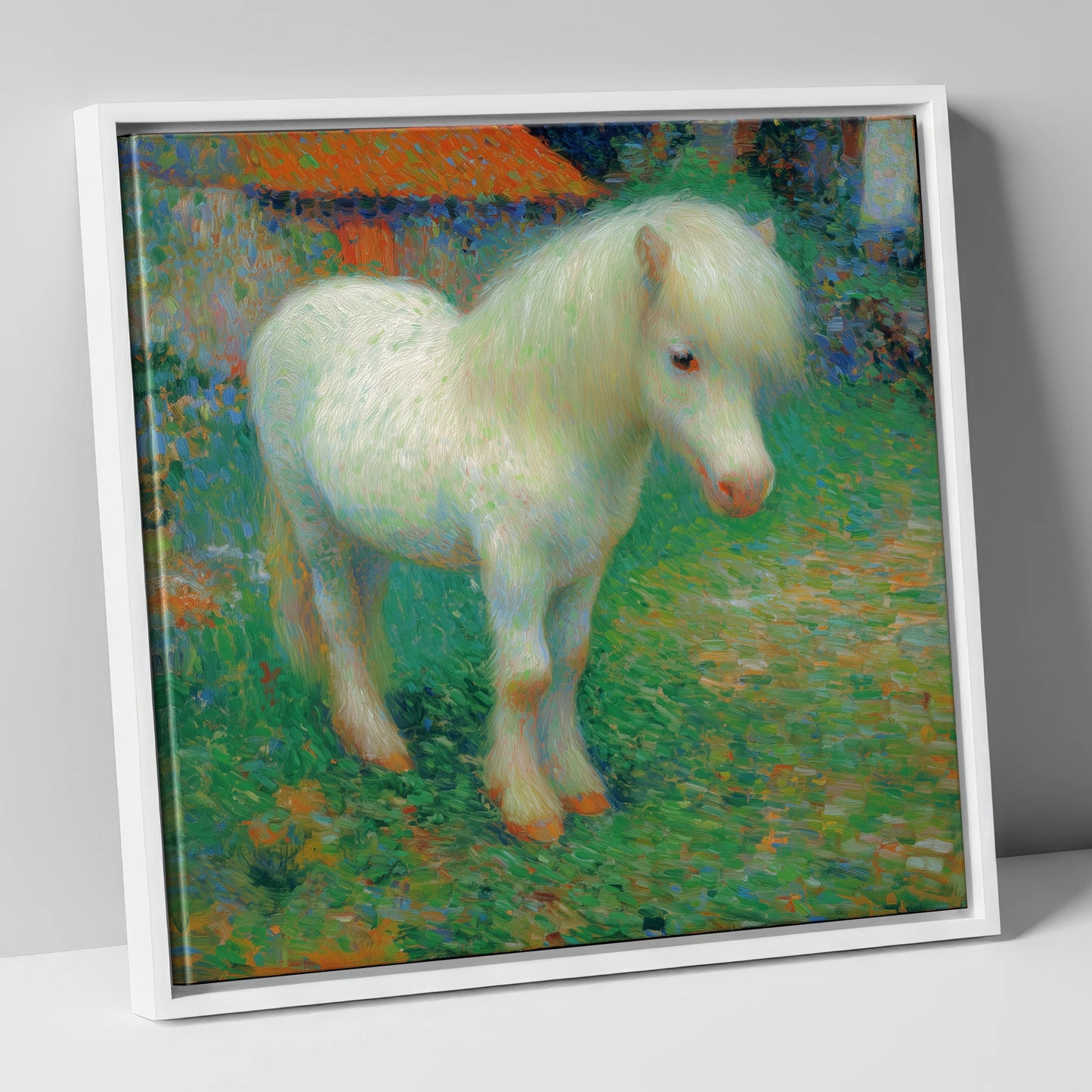 Sunlit White Pony horse breed canvas wall art in white frame