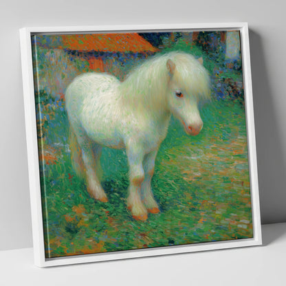 Sunlit White Pony horse breed canvas wall art in white frame