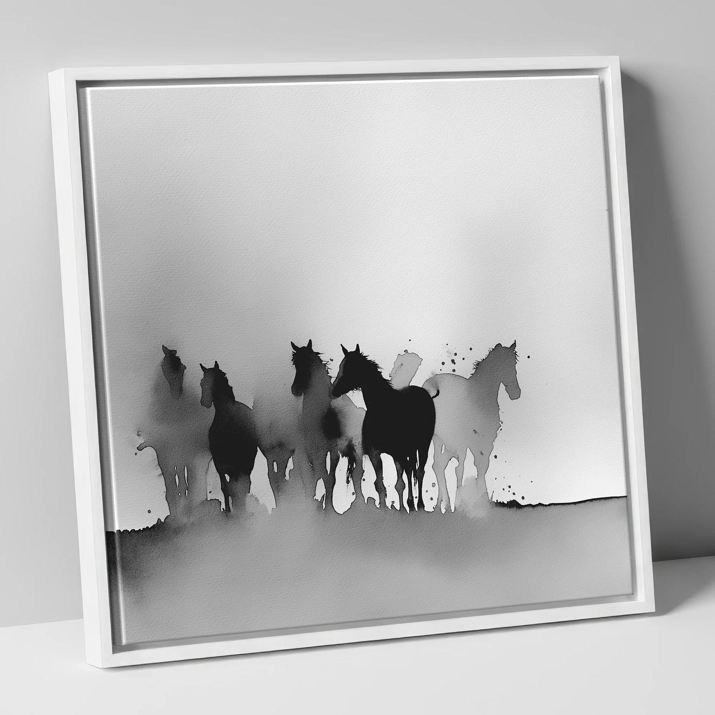 Ethereal Herd Silhouettes wild horses canvas wall art in white frame