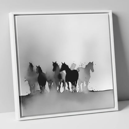 Ethereal Herd Silhouettes wild horses canvas wall art in white frame