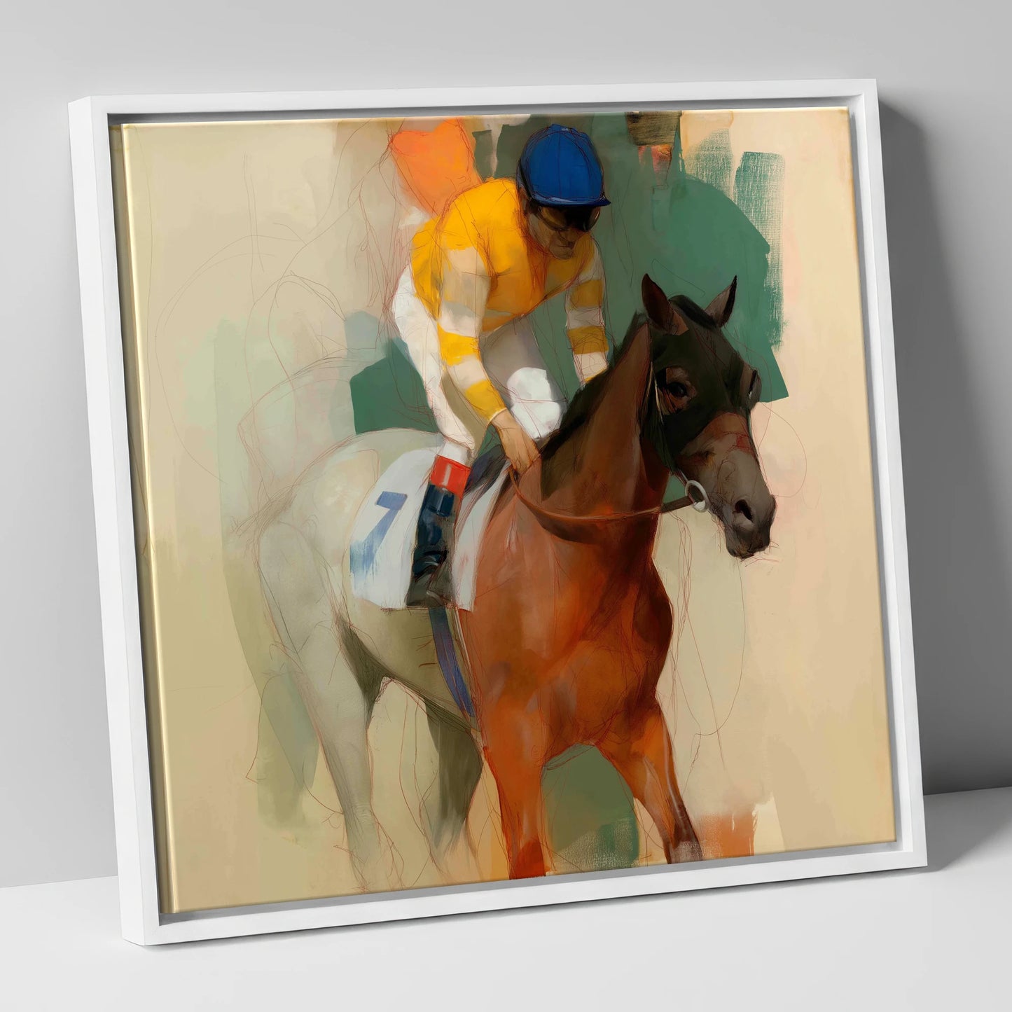 Silks at the Start racing horse canvas wall art in white frame