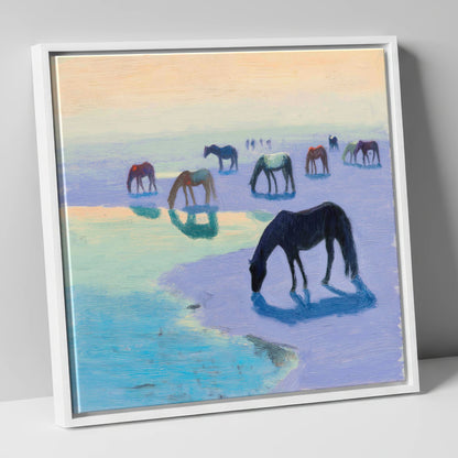 Lavender Tide Grazers wild horses canvas wall art in white frame