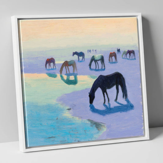 Lavender Tide Grazers wild horses canvas wall art in white frame
