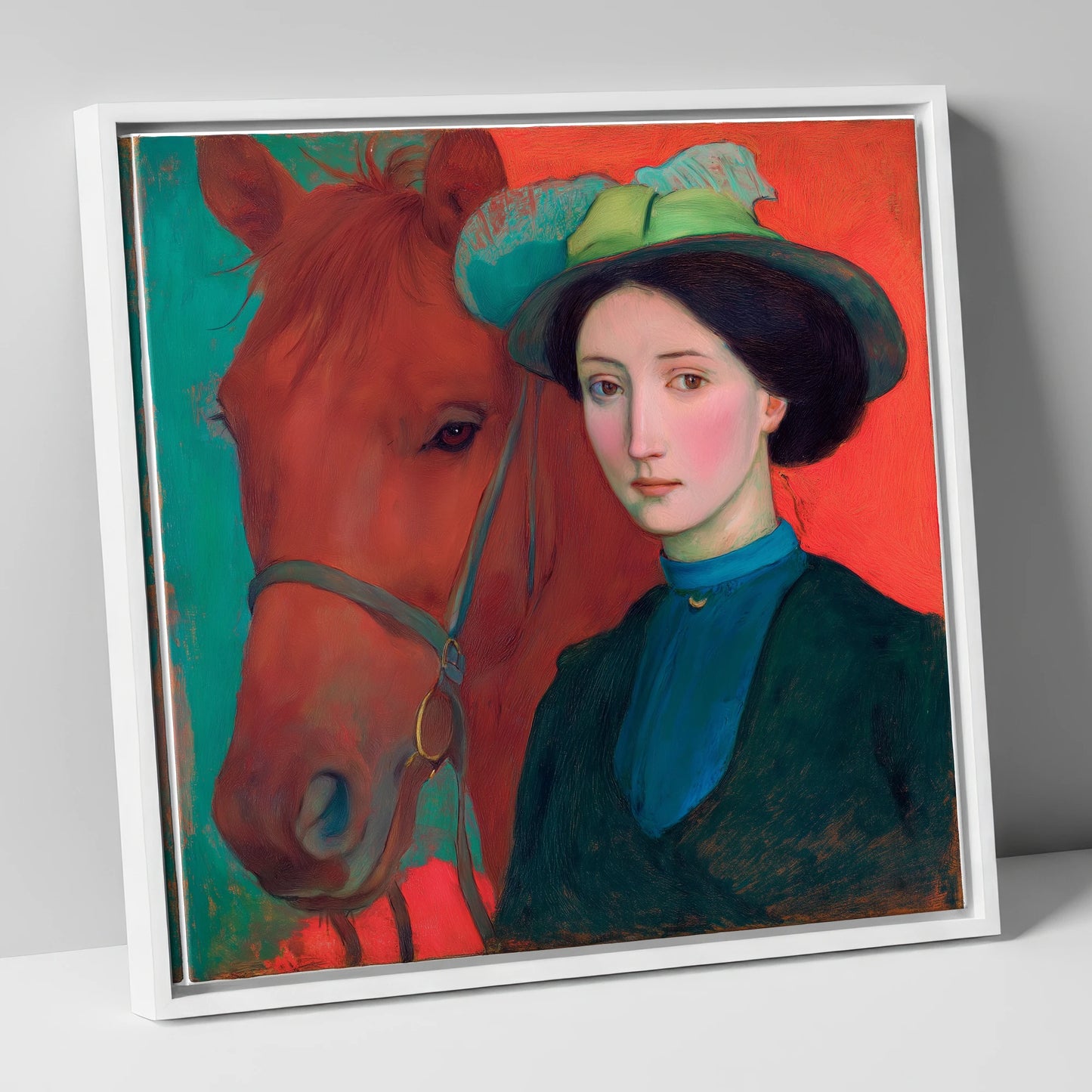 Crimson and Teal Bond horse & rider canvas wall art in white frame