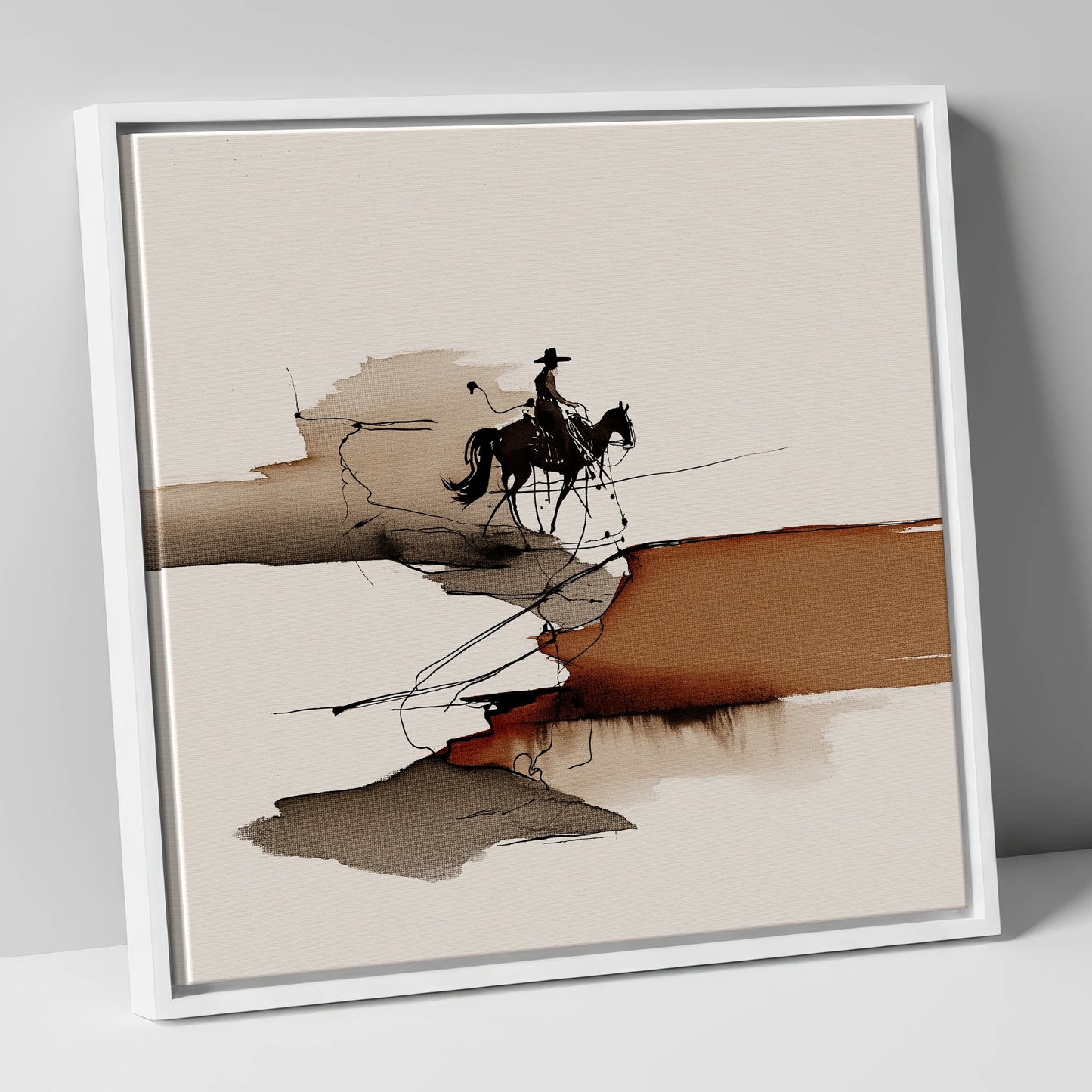 Canyon Trail Silhouette western horse canvas wall art in white frame