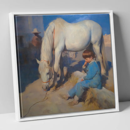 Quiet Companions horse & rider canvas wall art in white frame