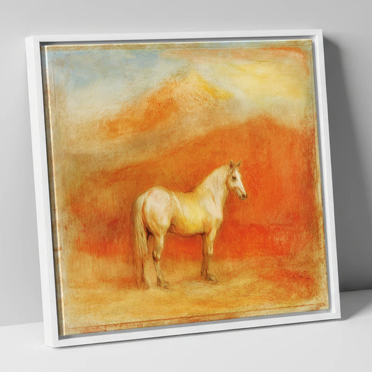 Ethereal Mountain Grey horse portrait canvas wall art in white frame
