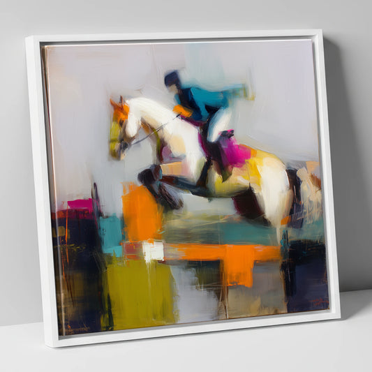 Vibrant Ascent show jumping horse canvas wall art in white frame