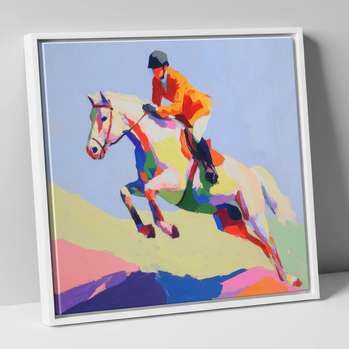 Technicolour Ascent show jumping horse canvas wall art in white frame