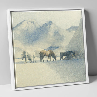 Tranquil Mountain Pasture horse landscape canvas wall art in white frame