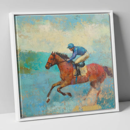 Flight in Turquoise racing horse canvas wall art in white frame