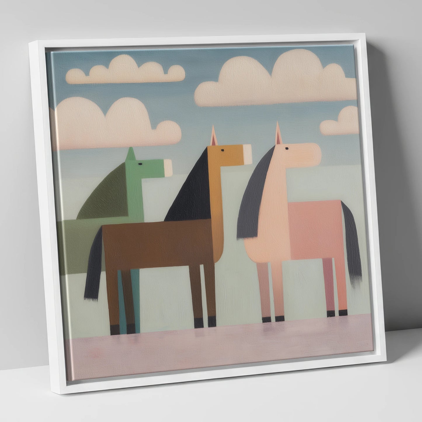 Serene Stylised Herd horse landscape canvas wall art in white frame