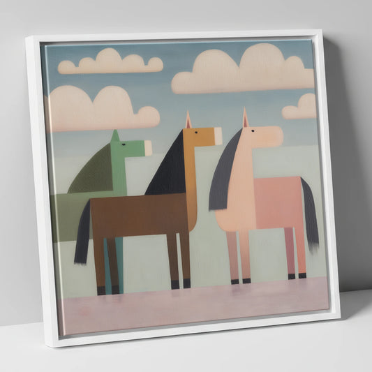 Serene Stylised Herd horse landscape canvas wall art in white frame