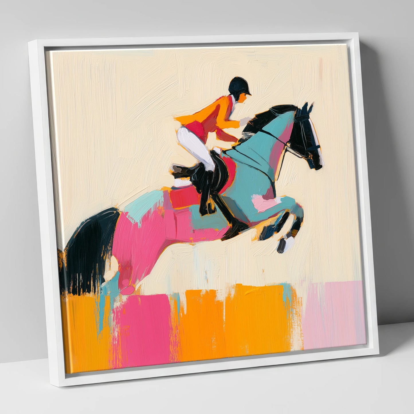 Technicolour Flight show jumping horse canvas wall art in white frame