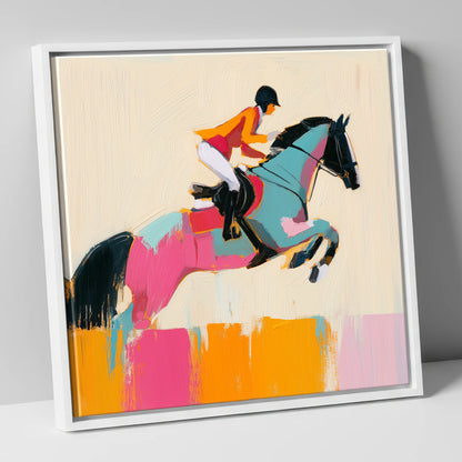 Technicolour Flight show jumping horse canvas wall art in white frame