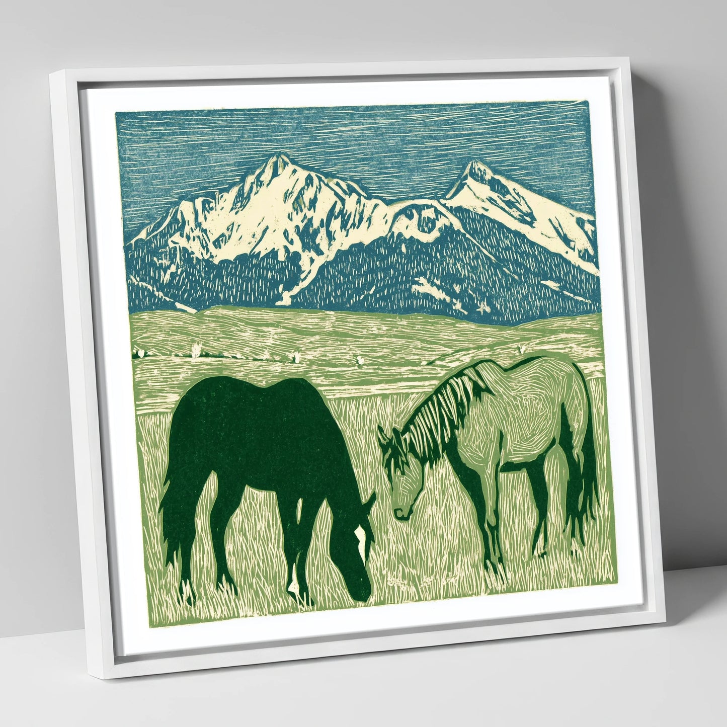 Alpine Grazing horse landscape canvas wall art in white frame