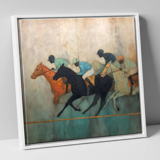 The Golden Furlong racing horse canvas wall art in white frame