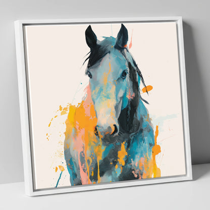Teal and Amber Gaze horse portrait canvas wall art in white frame