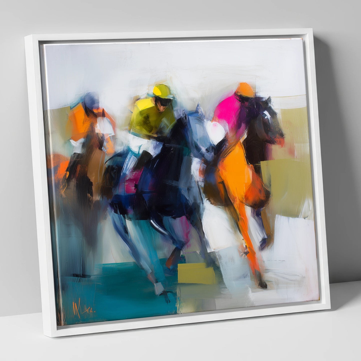 Rush of Silks racing horse canvas wall art in white frame