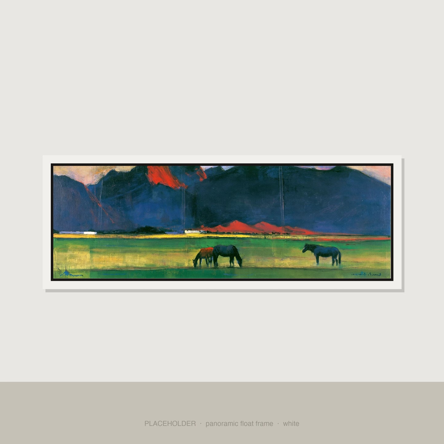 Vibrant Mountain Pasture Horse Landscape panoramic canvas wall art in white float frame