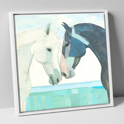 The Gentle Greeting horse portrait canvas wall art in white frame