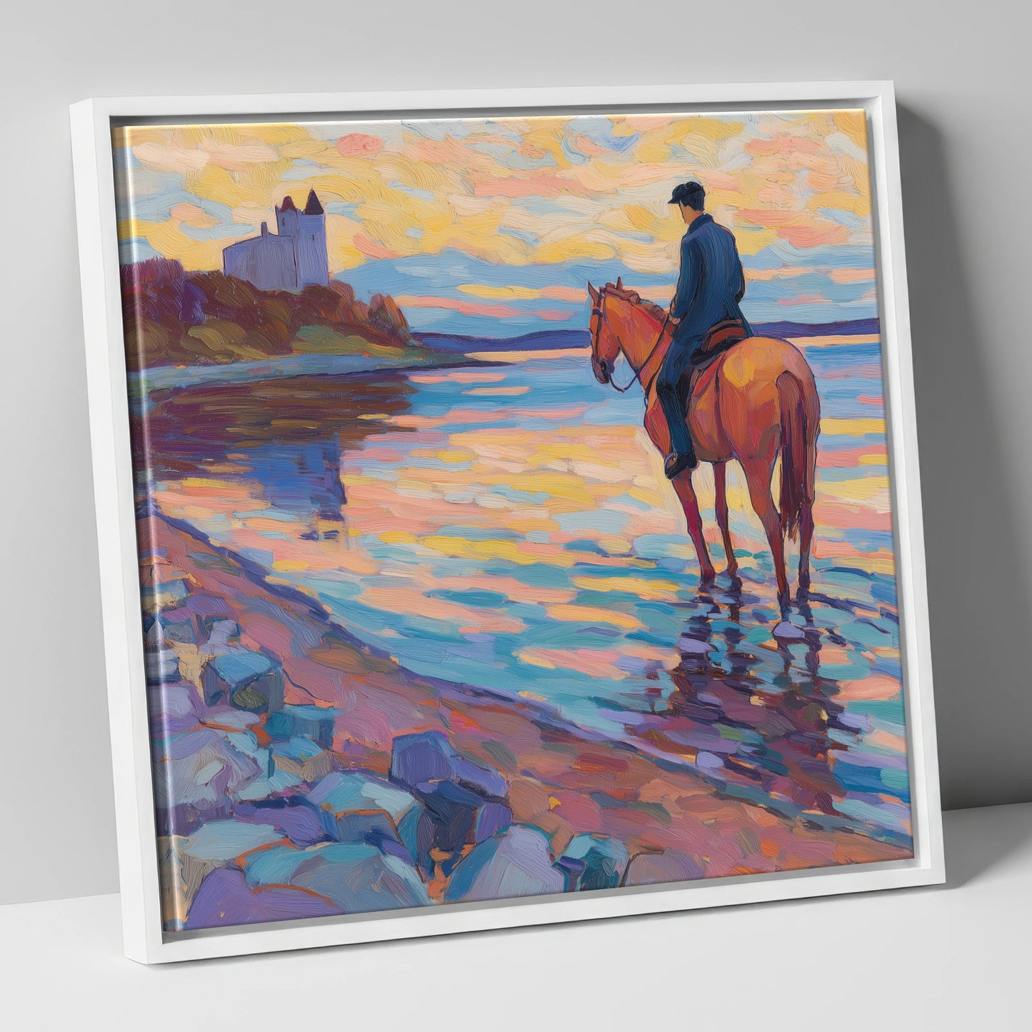 Rider at Castle Bay beach horse canvas wall art in white frame