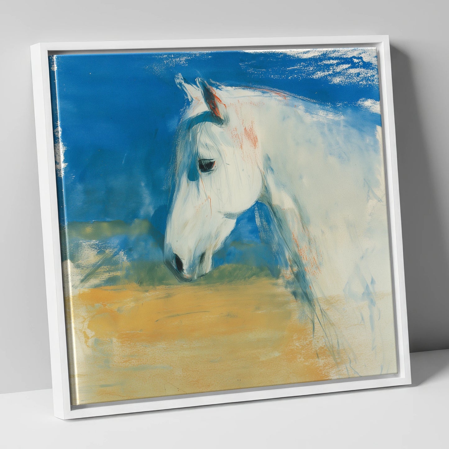 Cerulean Sky Grey horse breed canvas wall art in white frame