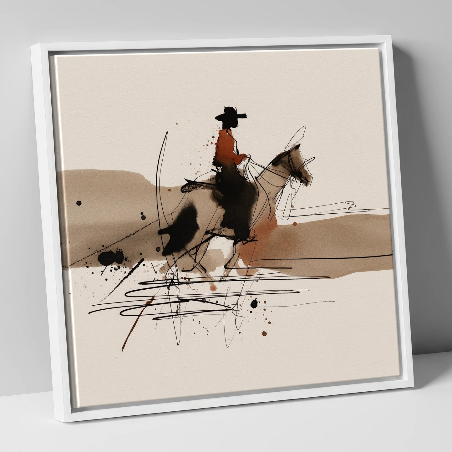 Western Trail Silhouette western horse canvas wall art in white frame