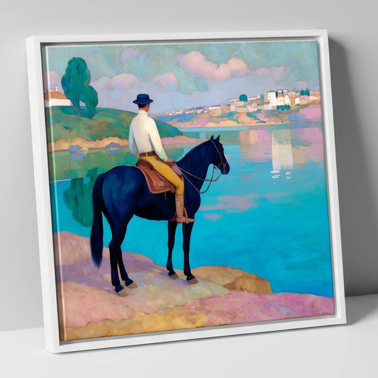 Gazing Across Vivid Waters beach horse canvas wall art in white frame