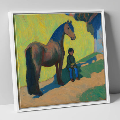 Sunlit Companionship horse & rider canvas wall art in white frame
