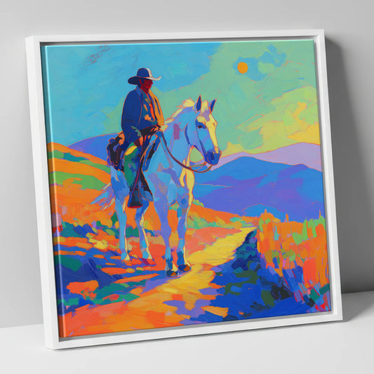 Painted Western Sun western horse canvas wall art in white frame