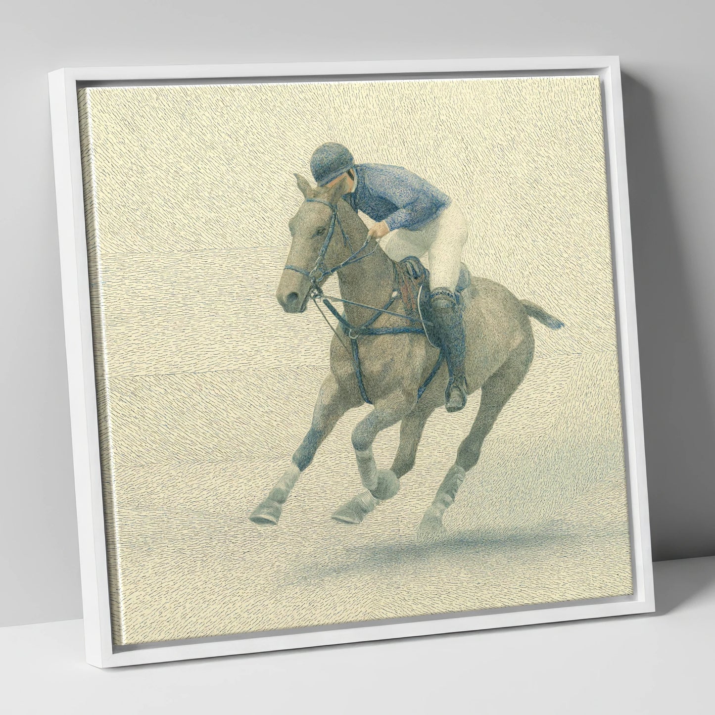 Chukka in Slate Blue polo horse canvas wall art in white frame