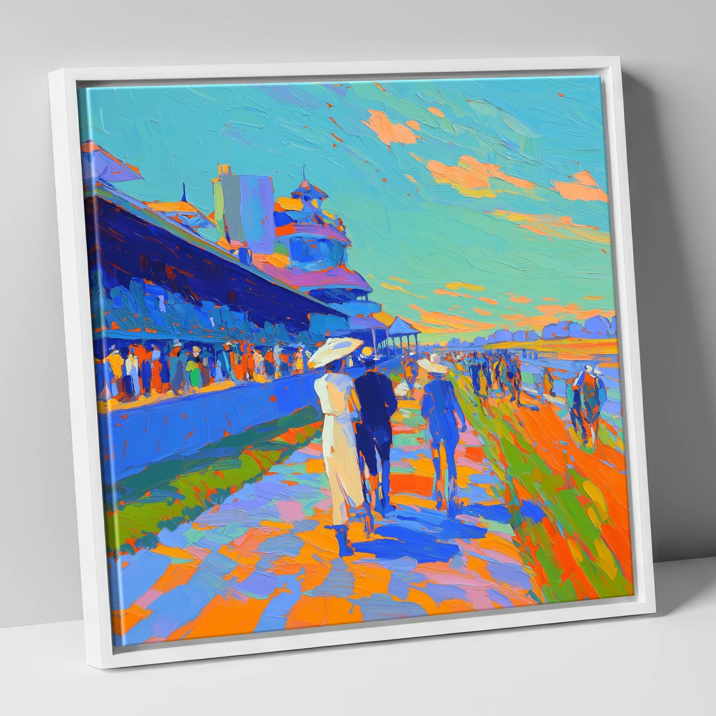 Vibrant Race Day Promenade racing horse canvas wall art in white frame