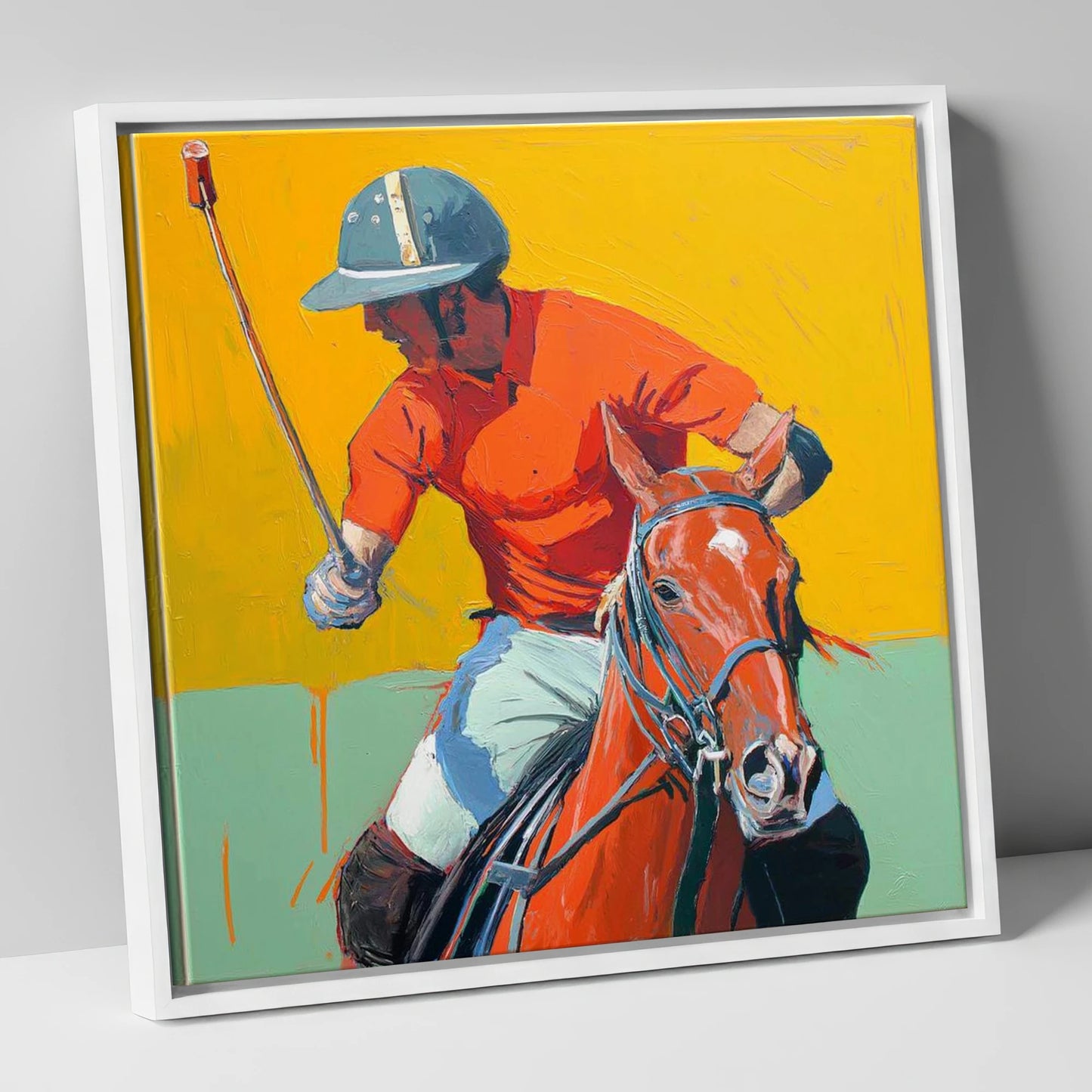 Vivid Mid-Chukka Strike polo horse canvas wall art in white frame