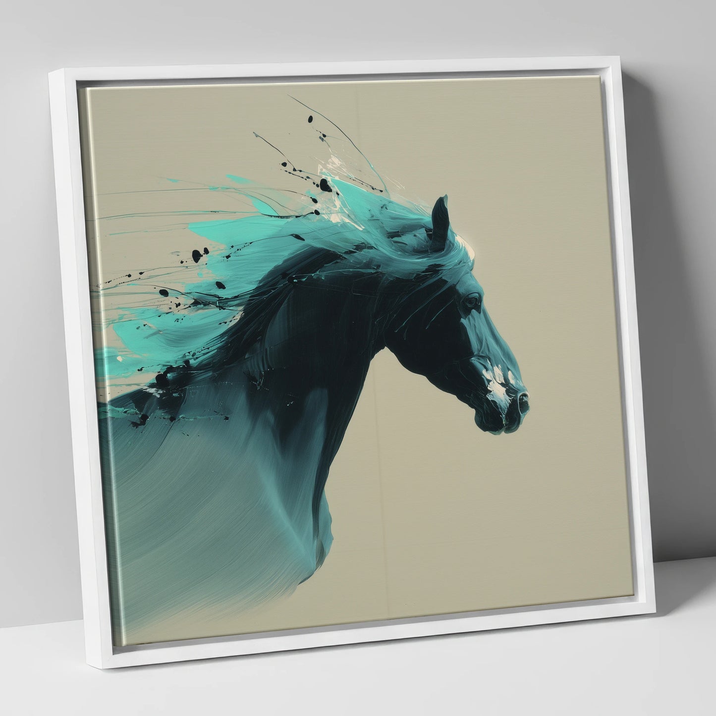 Teal Tempest horse breed canvas wall art in white frame