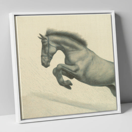 Etched in Flight show jumping horse canvas wall art in white frame