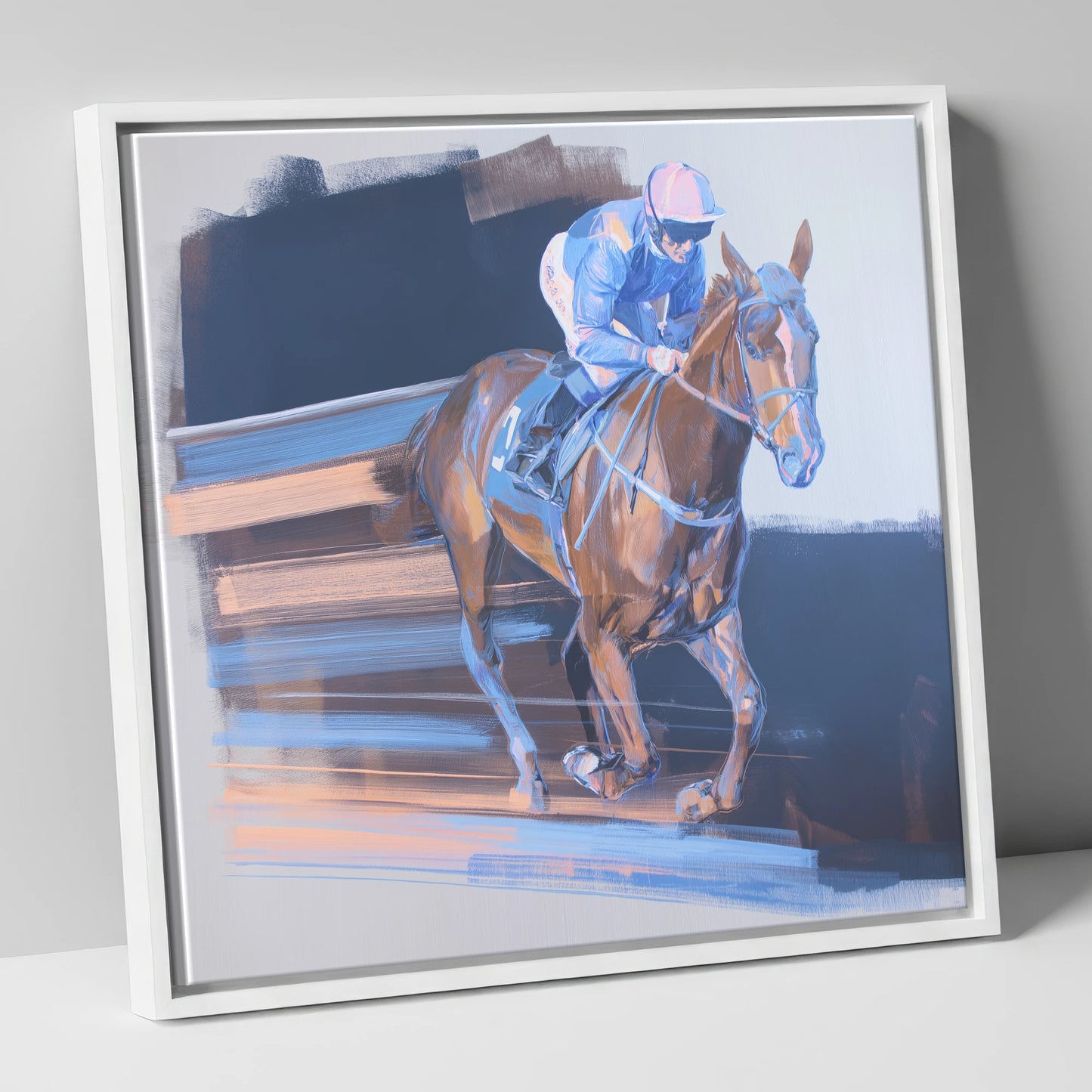 Velocity in Blue racing horse canvas wall art in white frame