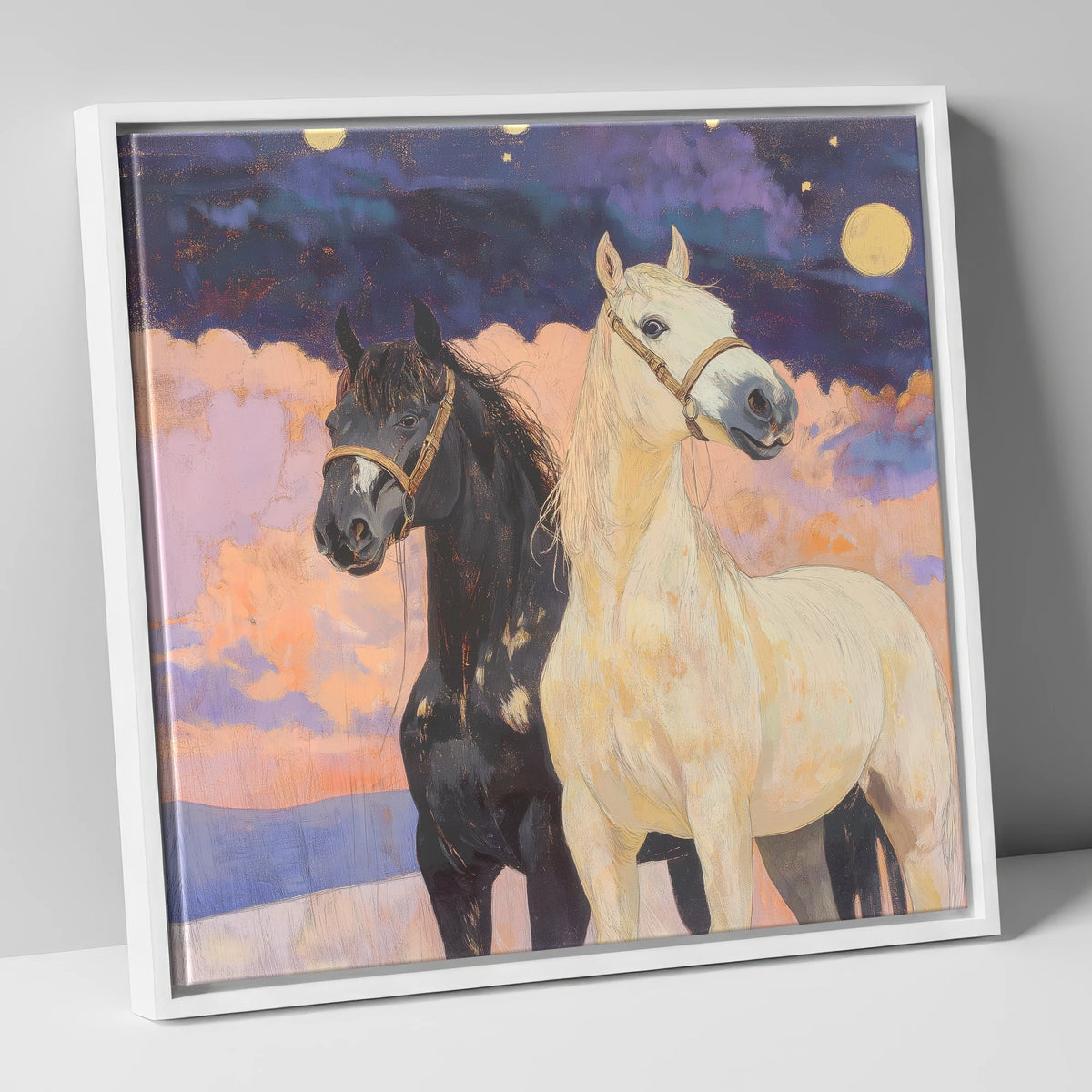 Celestial Companions horse landscape canvas wall art in white frame