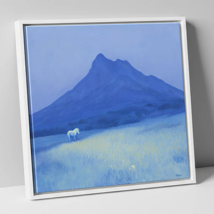 Azure Mountain Solitude horse landscape canvas wall art in white frame