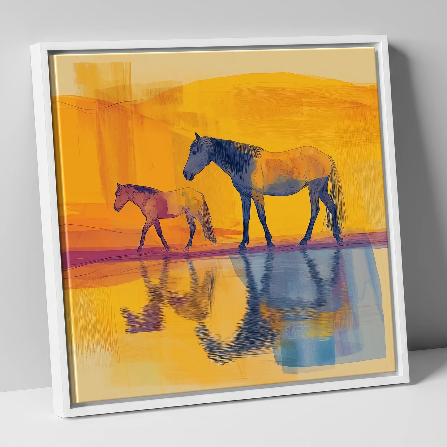 Golden Reflections horse landscape canvas wall art in white frame