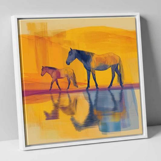 Golden Reflections horse landscape canvas wall art in white frame