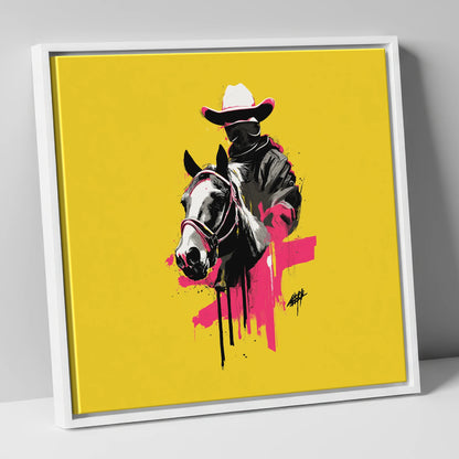 Magenta Western Rider western horse canvas wall art in white frame