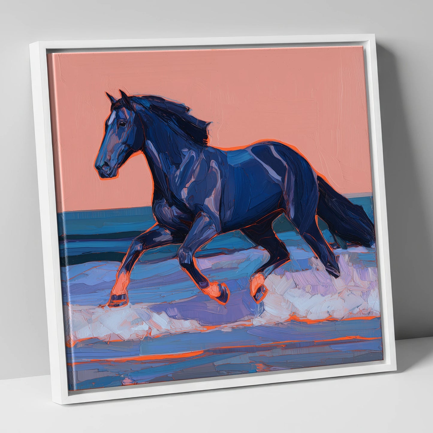 Indigo Surf Canter beach horse canvas wall art in white frame